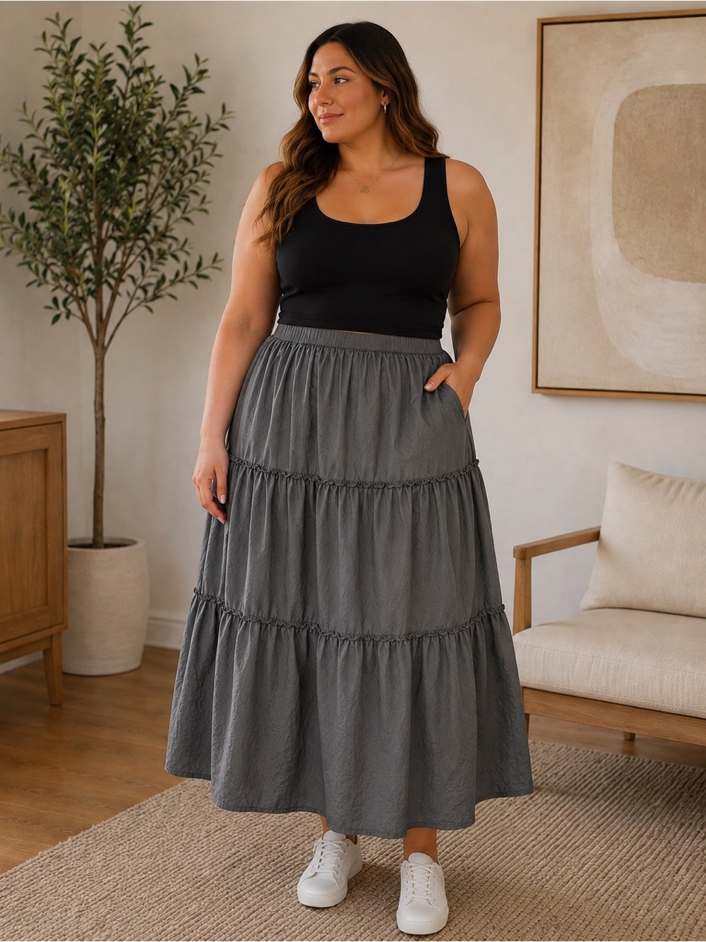 Tiered Olive Green Maxi Skirt | Size 1X | Boho Cottagecore Elastic Waist